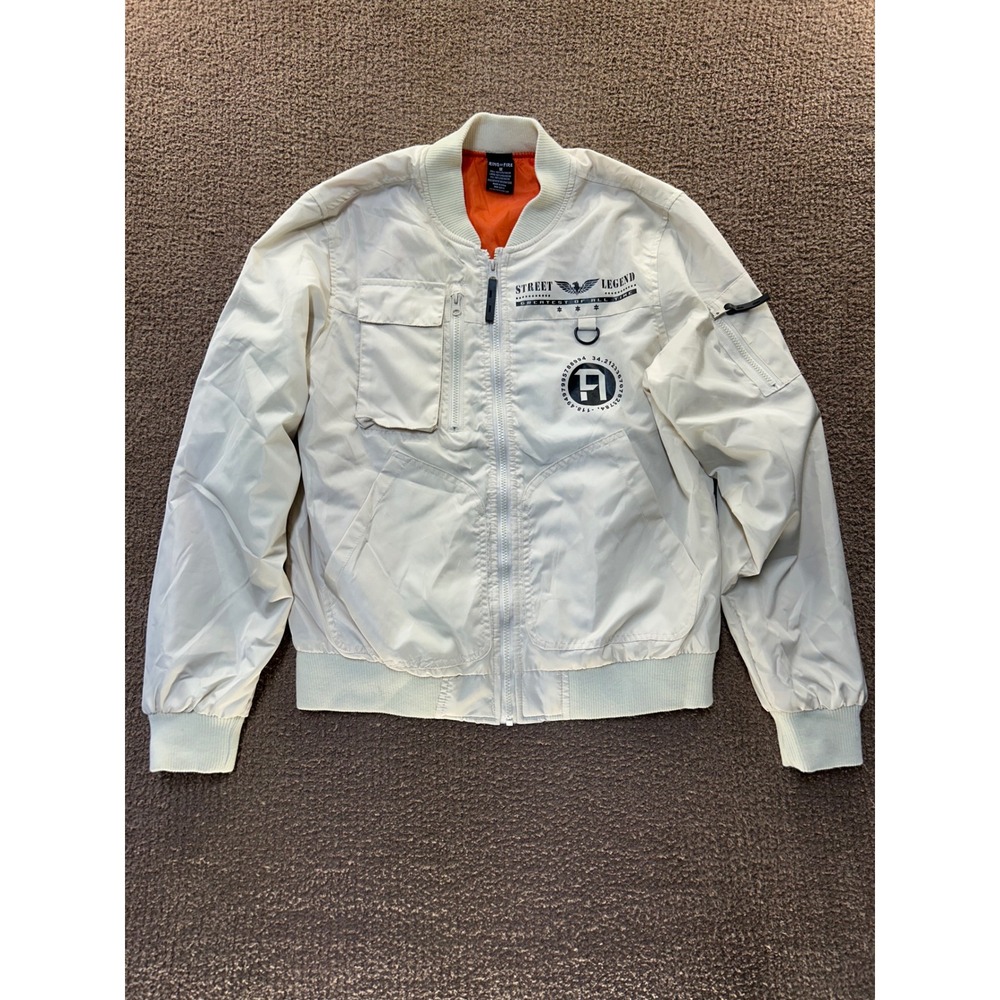 Ring of Fire Mens Off White Street Legend Bomber Jacket Orange Lining Size M